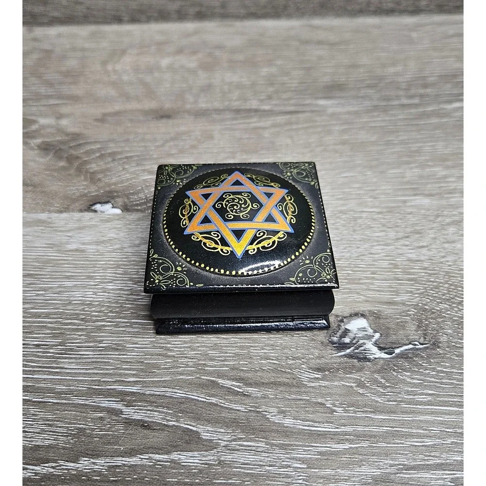 Hand Painted Star David Wooden Trinket Box Judaica Black Gold Hing Case Jewelry